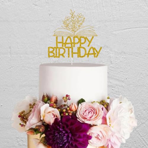 Gold Glitter Reading Happy Birthday Cake Topper for Book Lovers