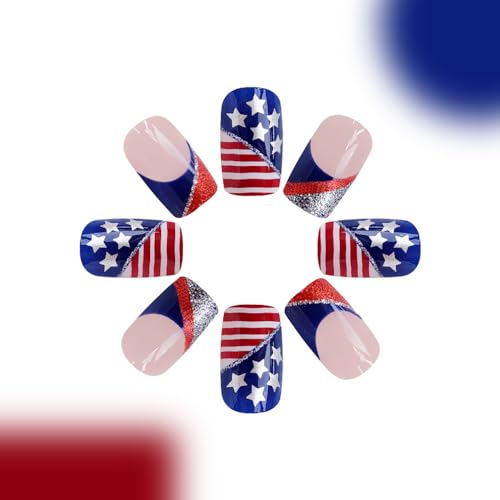 Independence Day Press on Nails Short Square Fake Nails Red Blue Glitters