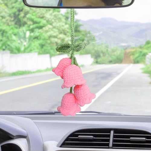 Zelaxeyi Handmade Crochet Pink Lily of the Valley Car Rearview Mirror Ornament
