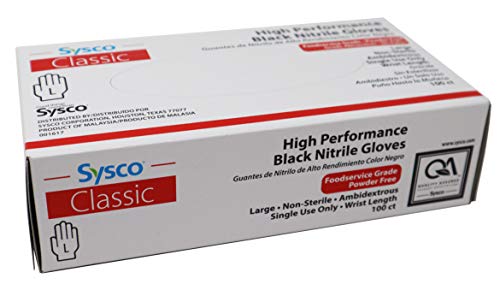 Sysco High Performance Black Nitrile Gloves, Powder Free, Large, 100 Count
