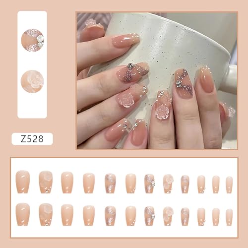 Press on Nails Medium Coffin Nude French Camellia Pearl False Nails