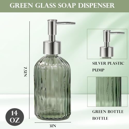 Green Striped Glass Soap Dispenser, 12oz Refillable Bottle with Silver Pump