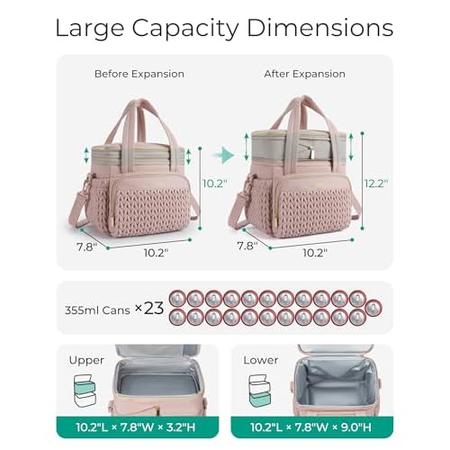 BAGSMART Insulated Lunch Box for Women, Double Deck Leakproof Cooler Bag with Expandable Design for Office Work & Outdoor Picnic