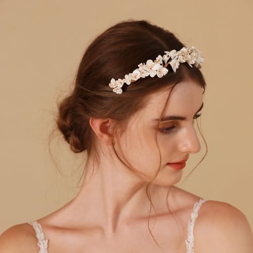 SELFCLOUD Handmade Resin Clay Flower Bridal Headband Gold Wedding Headpiece