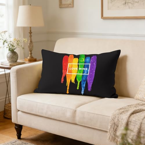 Love Wins Rainbow Throw Pillow Cover, 12x20 Inch Burlap Pride Cushion Case