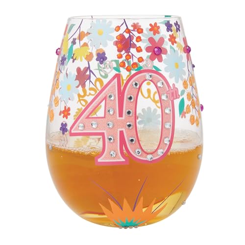 Enesco Lolita Designs Happy 40th Birthday Hand-Painted Artisan Stemless Wine Glass, 20 Ounce, Multicolor