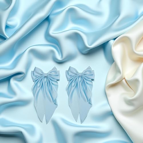 Light Blue Jumbo Silky Satin Hair Bow Barrettes with Long Tails (2-Pack)