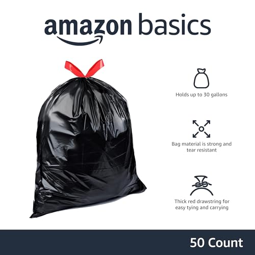 Amazon Basics 30 Gallon Drawstring Trash Bags, 50 Count