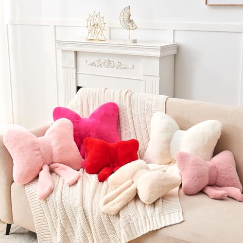 Soft Pink Bow Pillow - 12'' Decorative Throw Pillow with Faux Rabbit Fur