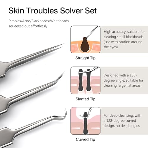 Kootinn 3-Piece Blackhead Removal Tweezers Set - Stainless Steel Pimple Popper