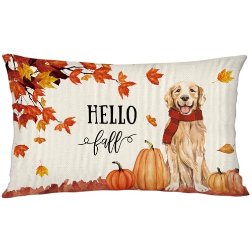 Hello Fall Golden Retriever Lumbar Throw Pillow Cover, 12x20 Inch Autumn Decor