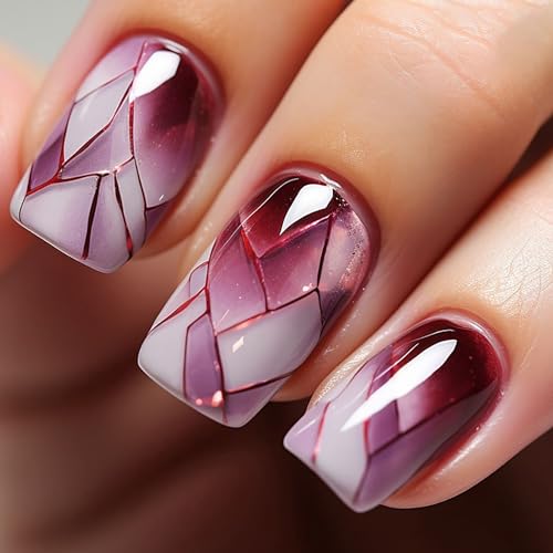 Wine Red Medium Square Press on Nails Glossy False Nails Set