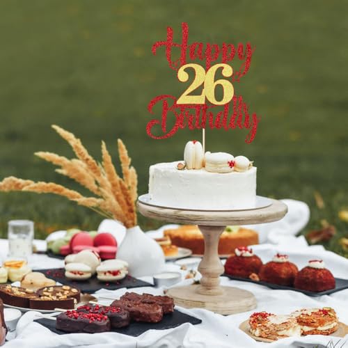 Happy 26th Birthday Cake Topper - Red Gold Glitter Decoration