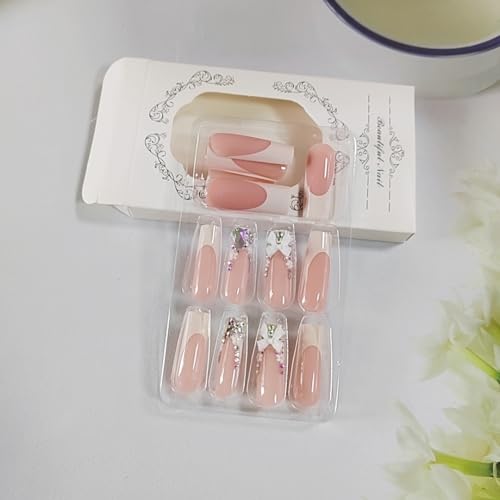 White French Press On Nails Long Square Almond Fake Nails with 3D Bow Rhinestones