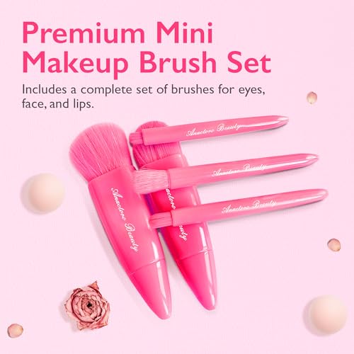 Anactoro Mini Travel Makeup Brush Set with Mirror - 5 Pcs