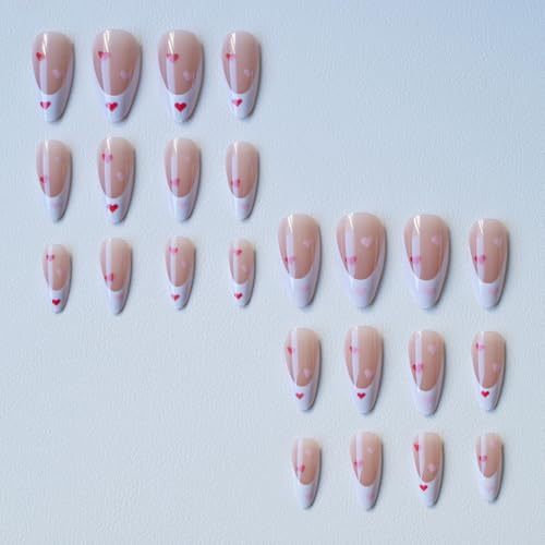 Valentine Long Almond Press On Nails with White French & Red Hearts