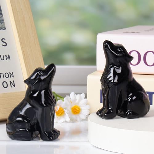 Black Obsidian Wolf Figurine | 1.8 Inch Crystal Healing Decor