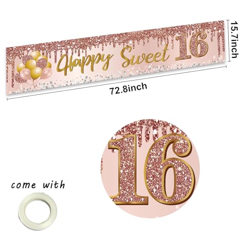 Excelloon Sweet 16 Birthday Banner - Pink Rose Gold Party Decoration