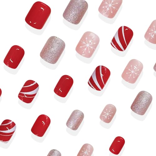 VGNRAR Christmas Press on Nails Short Square Snowflake False Nails