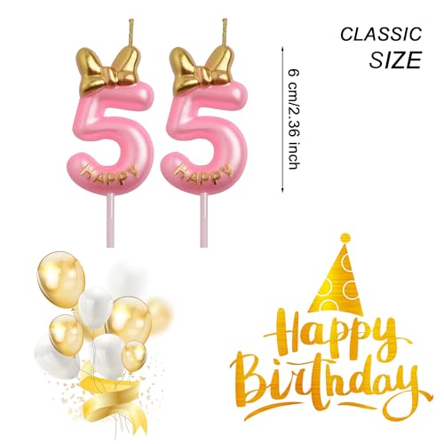 55th Birthday Candle with Pink Bow & Gold Happy Font