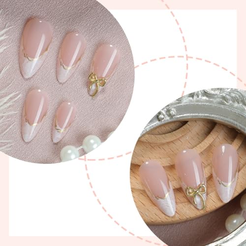 French Tip Press on Nails Medium Almond 3D Bow Fake Nails Kit