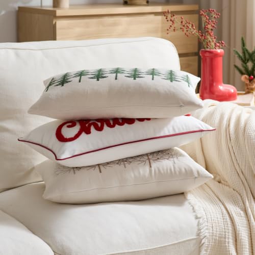 Christmas Tree Winter Pillow Cover 12x20 Inch Embroidered Lumbar Decor - Green