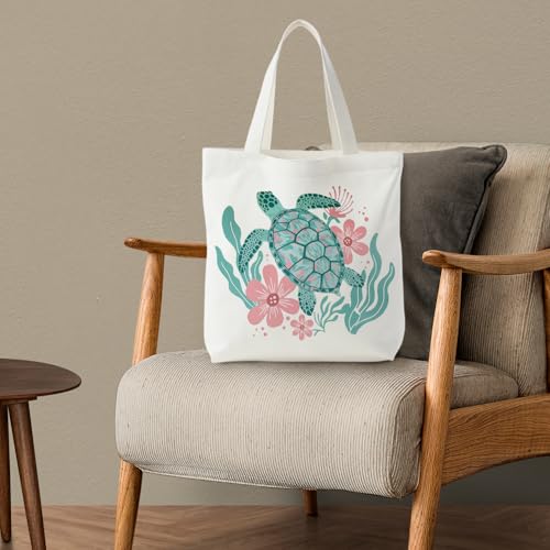 KEUSPI Floral Sea Turtle Tote Bag for Women - Turtles and Flowers