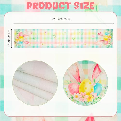 Easter Table Runner 13x72 Inch Pastel Plaid Linen with Bunny Ears and Spring Florals