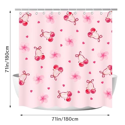 Cherry Shower Curtain for Girls - Floral Heart Design, 71x71 Inches