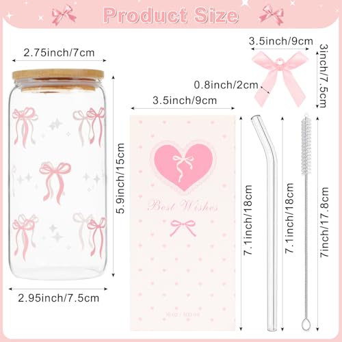 Coquette Pink Bow Glass Cup - 16oz Aesthetic Tumbler with Lid and Straw