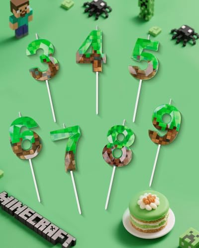 Pixel Number 6 Birthday Candle, Green Miner Theme Cake Topper (2.68 Inch)