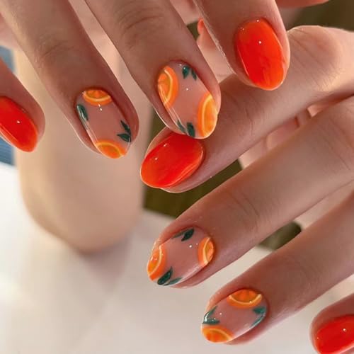 Short Squoval Press On Nails with Orange Pomelo Design 24Pcs