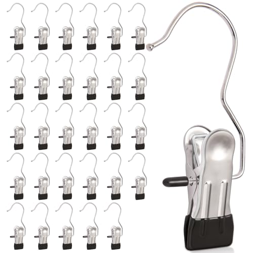30-Pack Heavy Duty Stainless Steel Laundry Clips - 360° Rotating Hooks, Black