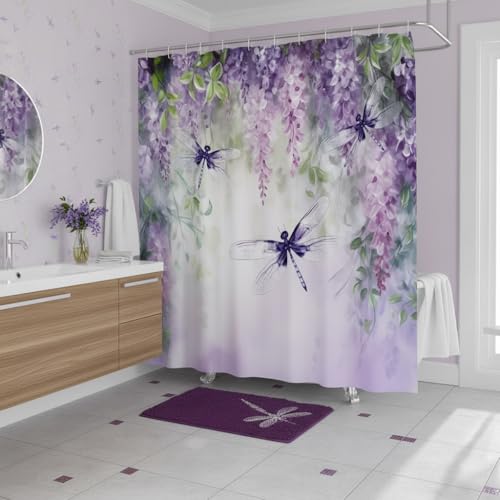 Purple Wisteria & Dragonfly Shower Curtain, 70 x 70 Inch Botanical Fabric