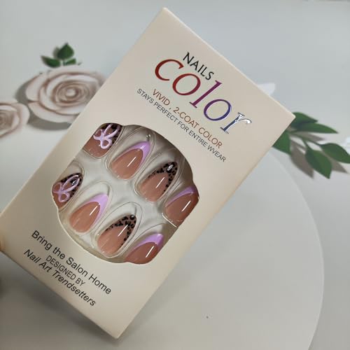 French Tip Press on Nails Medium Almond Fake Nails with 3D Bow & Leopard Print