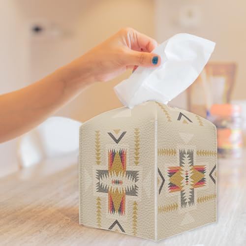 TNVDFNBR Aztec Ethnic Leather Tissue Box Cover - Square Facial Paper Organizer for Bathroom & Kitchen
