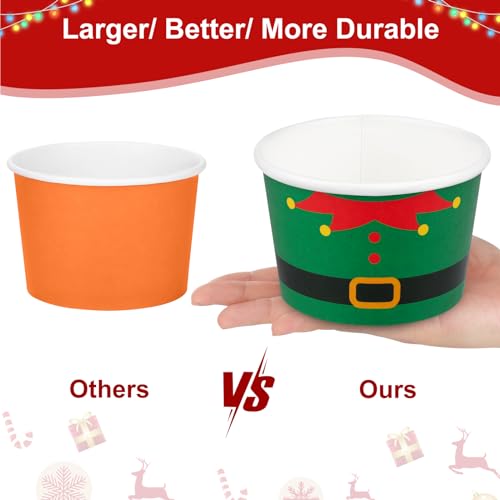 Large Christmas Snack Cups 16 Oz Pack of 100 Disposable Paper Bowls with Santa Snowman Elk Elf Designs