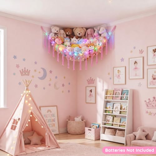 Basumee Pink Stuffed Animals Hammock with LED Light - Large (39" x 39" x 59")