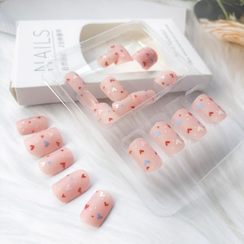 Short Square Heart Press on Nails Nude Fake Nails Kit 24Pcs