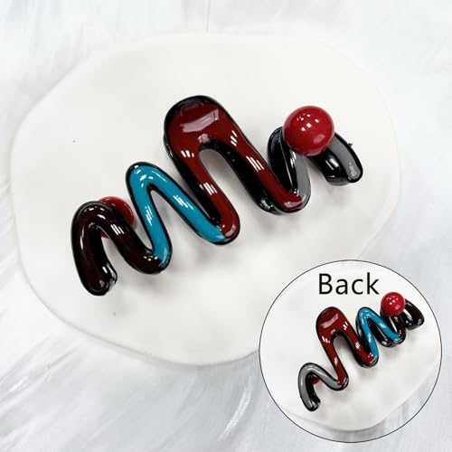FRUZJAY Wavy Acrylic Hair Claw Clip with Red Beads Strong Hold Nonslip