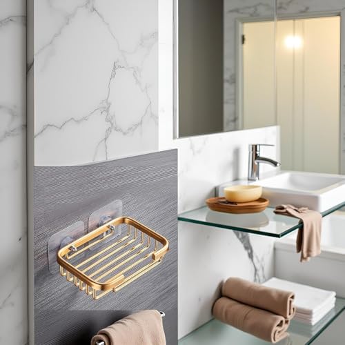 Gold Stainless Steel Soap Holder - Wall-Mounted, Drill-Free Bathroom Storage