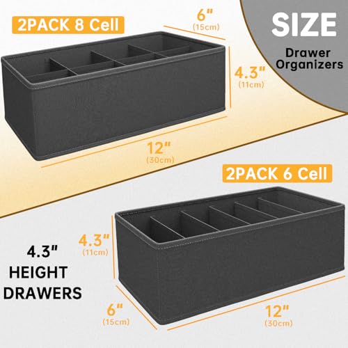 A-Grey 4 Pack Sock & Underwear Drawer Organizer Dividers - Collapsible Closet Storage
