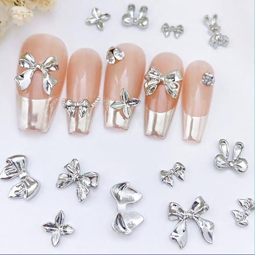 LYLYNB 3D Metal Bow Nail Charms with Pearls and Rhinestones - 6 Grid Box