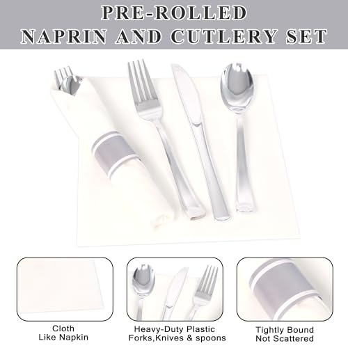 White and Silver Disposable Cutlery & Napkin Set for 200 Guests