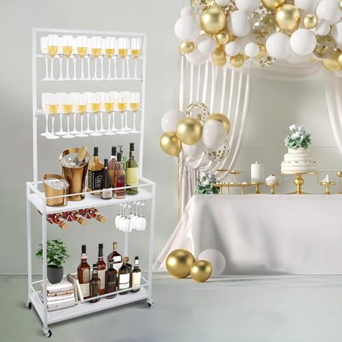 Champagne Wall Holder with 28 Glasses & Storage Cart for Parties