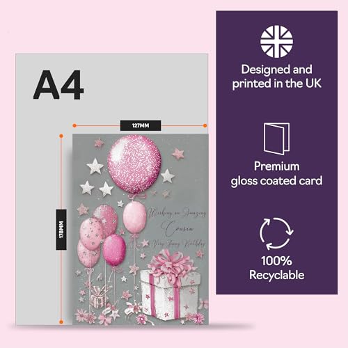 Giftzie Silver Cousin Birthday Card - A5 with Pink Presents