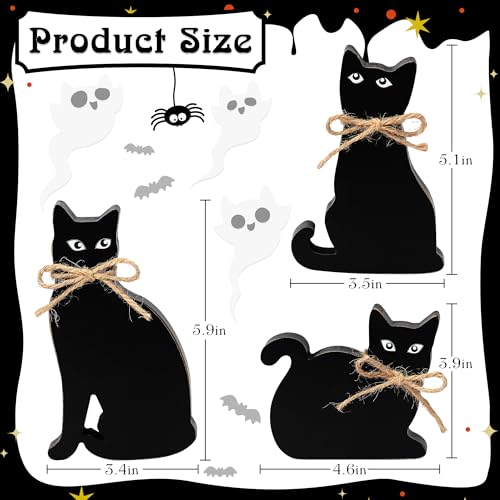 3-Piece Black Cat Wooden Halloween Decor Set - Rustic Tabletop Sign