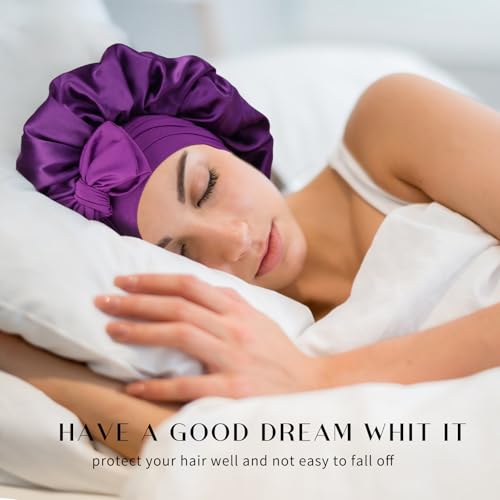 Double Layer Satin Sleep Bonnet with Adjustable Tie Band for Women Purple