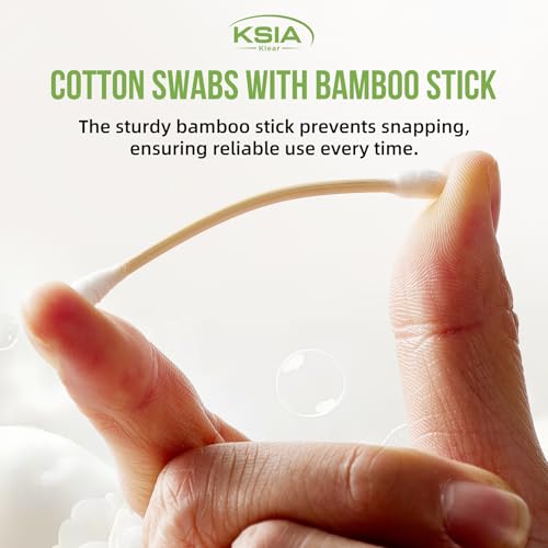 KSIA Dual-Tip Cotton Swabs with Bamboo Sticks 200 Count - Pointed and Round Buds for Makeup and Personal Care