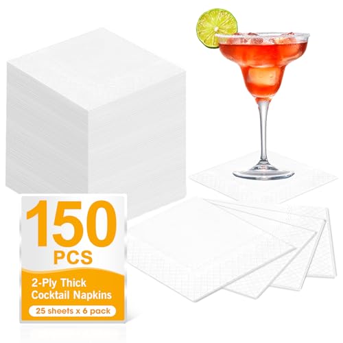 White Disposable Cocktail Napkins 150 Count - EZLYFF, 9x9 Inches, Party Bar Supplies